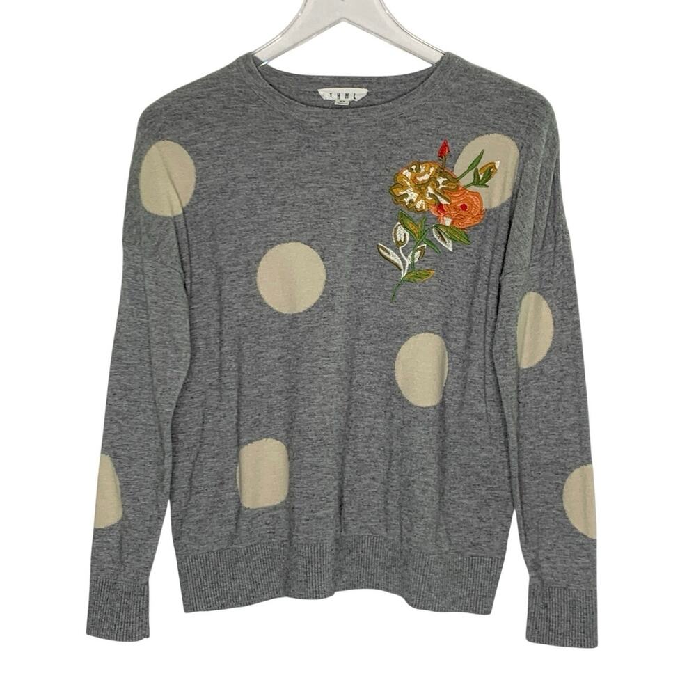 THML Polka Dot Gray Sweater XS Embroidered Floral Detail Oversized Boho
